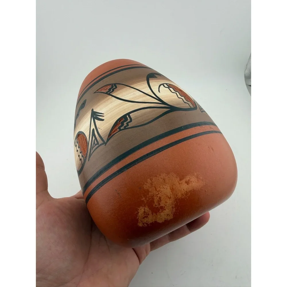 Mike Namingjo Signed Hand‎ Painted Southwestern Pottery Vase Terracotta